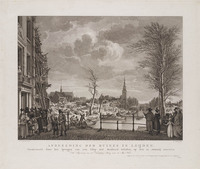 KG 07525
<br/>
Rapenburg te Leiden van de Nieuwsteegbrug na de buskruitramp van 1807
<br/>
<em>Vinkeles, Reinier (1741-1816)</em>